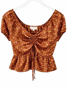 Pink Rose Floral Ruched Tie Front Top Brown Boho Peplum Blouse Size Small